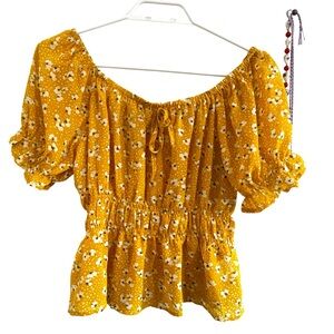 Floral yellow boho scrunch puff sleeve tie top flowy shirt girly mesh Sz S